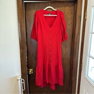 Maeve by Anthropologie Red Button-Front V-Neck Midi Dress